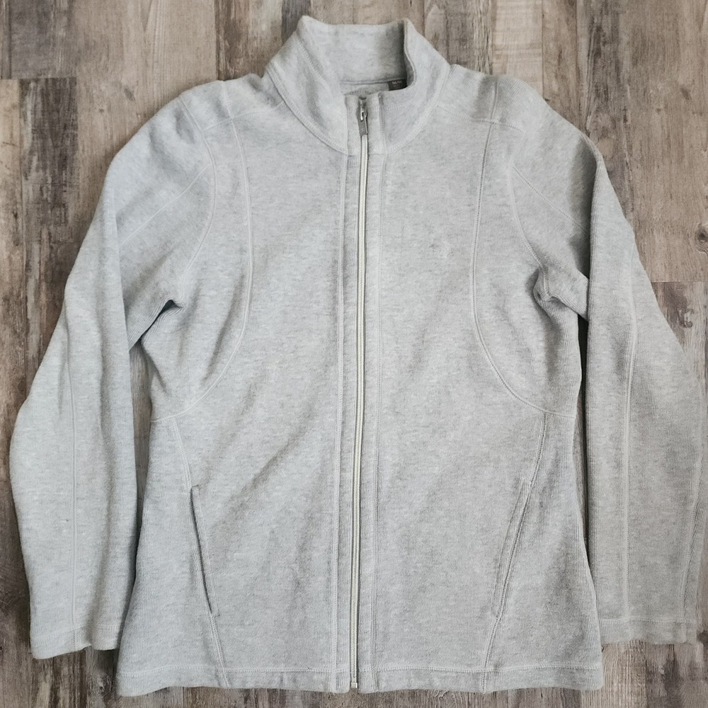 Tommy Bahama Full Zip Jacket Women Medium Gray Ribbed Mock Neck Marlin Logo